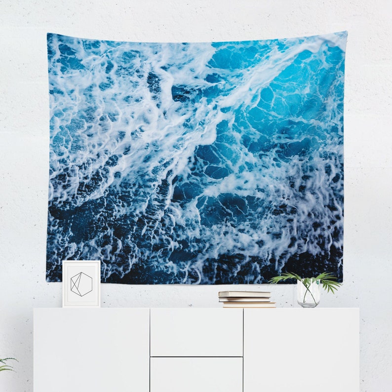 Ocean Tapestry Wall Hanging – Aerial Wave Print in Blue Tones, Coastal Nature Decor for Bedroom, Living Room or Beach House image 2
