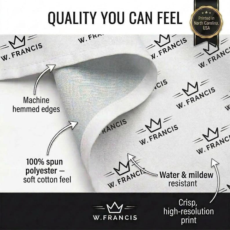 The image is a close-up of a fabric with the W. Francis logo printed on it. The fabric appears to be made of a soft, plush material, and the logo is clearly visible. The image also includes text that describes the quality of the fabric, such as the 100% spinnable polyester material and the water and mildew resistant properties.