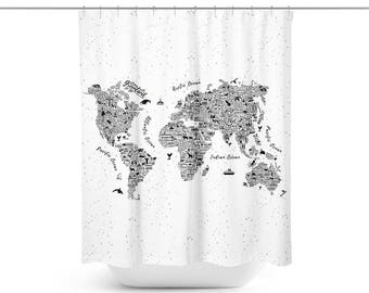 White on White World Map Shower Curtain - Historical, Travel Decor ...