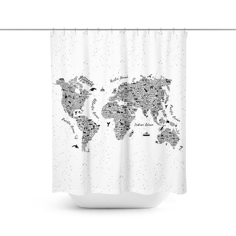 World Map Shower Curtain World Map Bath Curtain World Map Etsy