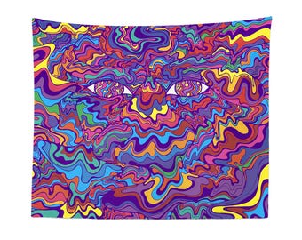 Trippy Tapestry Wall Hanging – Psychedelic Abstract Face Art, Colorful Swirl Pattern, Boho Dorm or Festival Room Decor