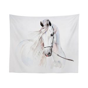 Horse Tapestry Wall Hanging – White Watercolor Equestrian Art, Boho Animal Decor for Bedroom, Living Room or Farmhouse Style