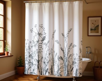 Botanical Wildflower Shower Curtain | Grey Meadow Grass Nature Print | Farmhouse Bathroom Decor