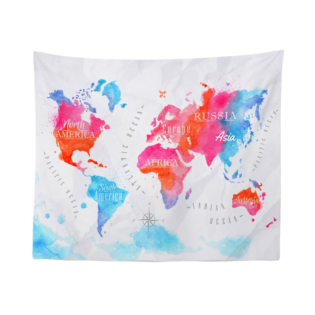 World Map Tapestry, World Map Wall Hanging, World Map Wall Décor, World