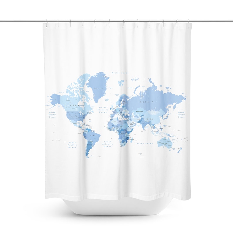 World Map Shower Curtain World Map Bath Curtain World Map Etsy