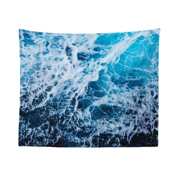 Ocean Tapestry Wall Hanging – Aerial Wave Print in Blue Tones, Coastal Nature Decor for Bedroom, Living Room or Beach House