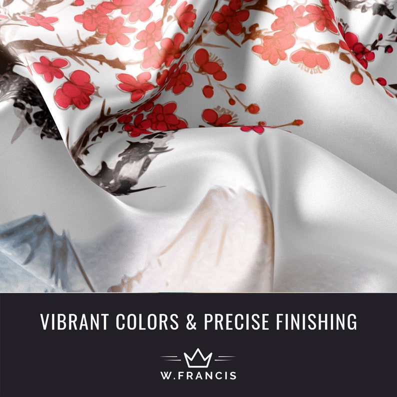 Pu&ograve; includere: Tessuto bianco con un motivo floreale con fiori rossi e rami marroni. Il tessuto ha una lucentezza serica ed &egrave; piegato, rivelando il motivo. Il testo "VIBRANT COLORS & PRECISE FINISHING" &egrave; visualizzato su uno sfondo scuro, insieme al marchio "W.FRANCIS".