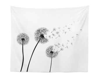 Dandelion Tapestry Wall Hanging – Black and White Botanical Art, Minimalist Nature Decor for Bedroom, Living Room or Dorm