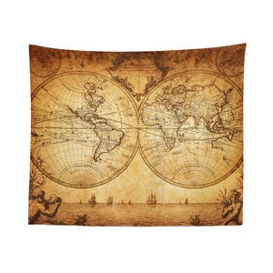 Vintage World Map Tapestry – Antique Nautical Wall Hanging Art, Historical Globe Decor for Bedroom, Living Room or Office