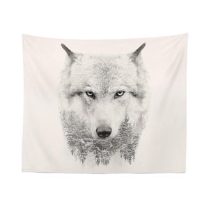 Wolf Tapestry Wall Hanging – Forest Double Exposure Animal Art, Rustic Nature Decor for Bedroom, Living Room or Cabin