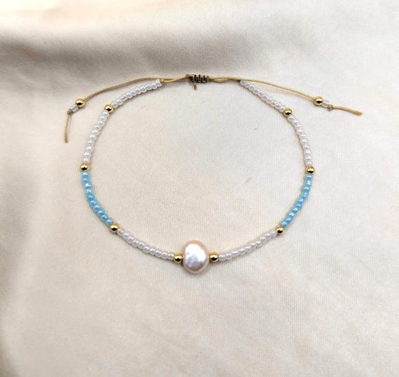 Freshwater Pearl Bracelet Seed Beads, Gold Filled Bead Cord Bracelet, Adjustable Minimalist Boho Custom Jewelry, Ocean Sea Beach Surfer Gift