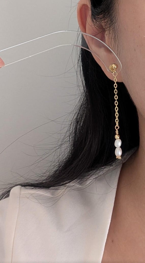 Gold Filled Chain Pearl Drop Earrings, Freshwater Pearl Dangle Earrings, Dainty Pearl Chain Earrings, Wedding Earrings Jewelry