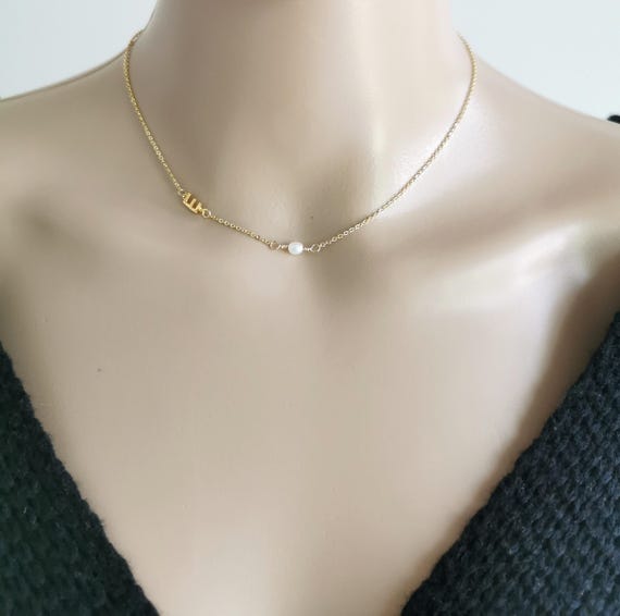 Pearl Necklace, Gold Filled Necklace, Sideway Initial Necklace, Sideway Letter Necklace, Freshwater Pearl Necklace