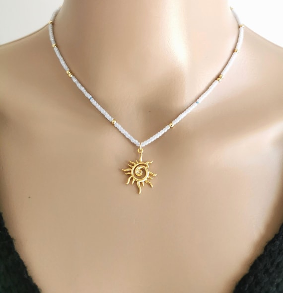 Glass Seed Bead Adjustable Necklace, Celestial Sun Beaded Cord Necklace Jewelry