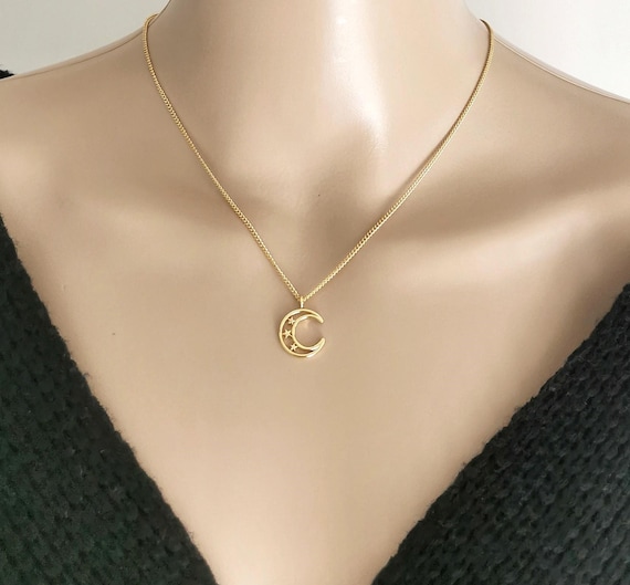 Moon Necklace, Gold Moon Necklace, Crescent Moon Necklace, Star Necklace, Celestial Necklace, Protection Necklace