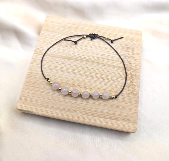 Rose Quartz Cord Bracelet, Pink Crystal with Gold Filled Beaded Bracelet, January Birthstone Gemstone Love, Adjustable Jewelry