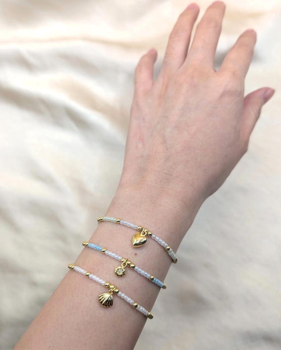 Charm Beaded Bracelet, Gold Filled Cord String Bracelet, Adjustable Seed Bead, Cowrie, Shell, Sun, Heart Jewelry