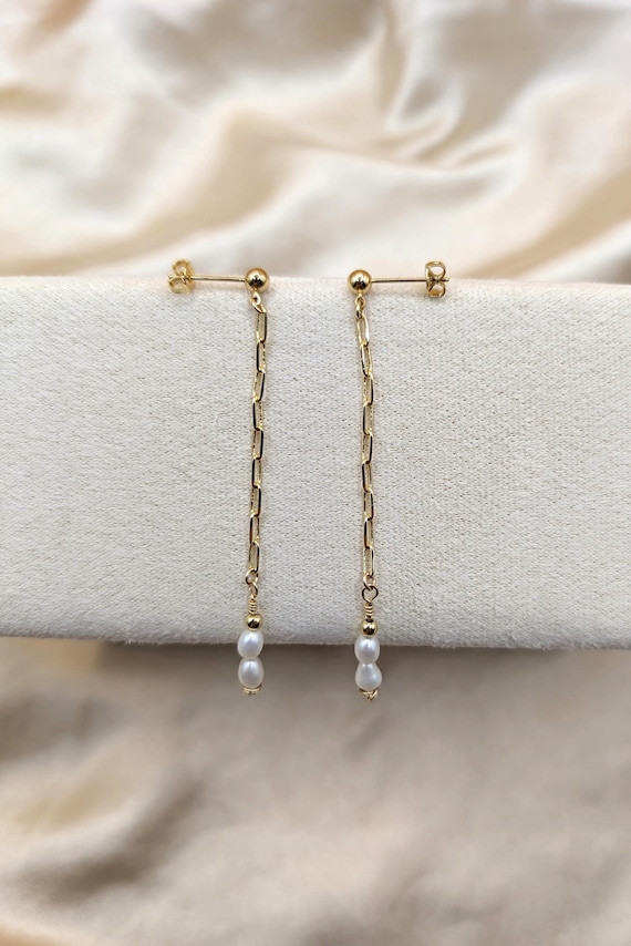 Pearl Drop Earrings, Gold Filled Chain Drop Earrings, Freshwater Pearls Earrings, Long Pearl Earrings, Dainty Pearl Earrings