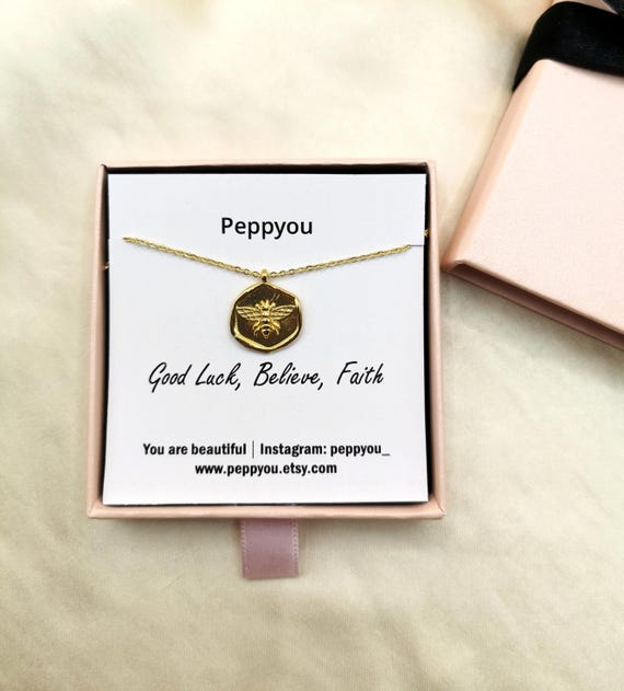 Bee Necklace, Gold Bee Necklace, Friendship Necklace, Good Luck Necklace, Believe, Faith, Medallion Necklace