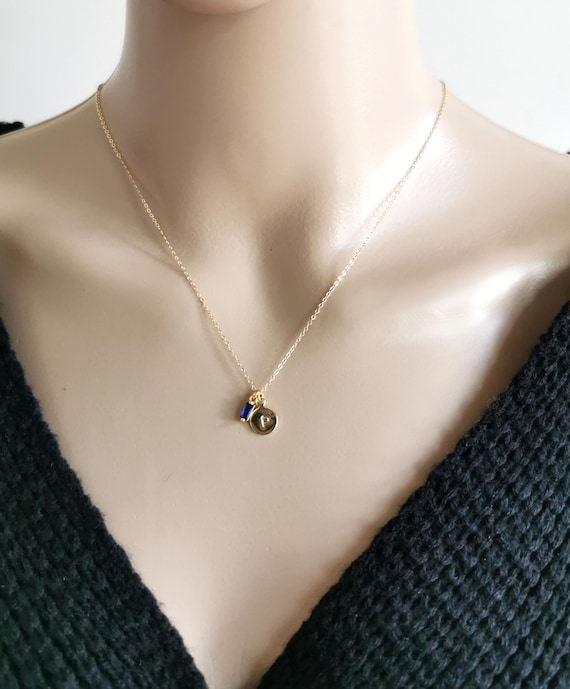 Personalized Birthstone Initial Necklace, Hand stamped Pendant Charm Gold Necklace, Friendship Necklace