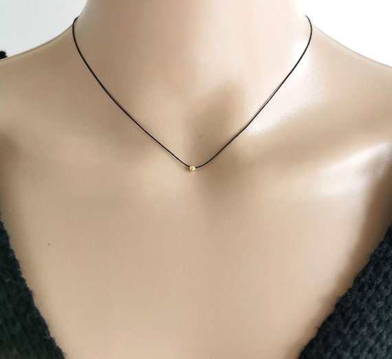 Gold Filled Bead Cord Necklace, Tiny Bead Necklace, Black Cord Necklace, Adjustable Necklace