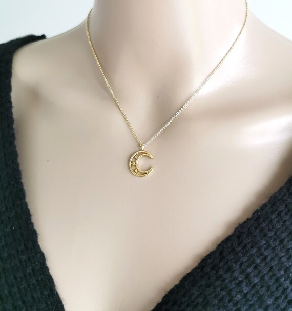 Moon Necklace, Gold Moon Necklace, Crescent Moon Necklace, Star Necklace, Celestial Necklace, Protection Necklace
