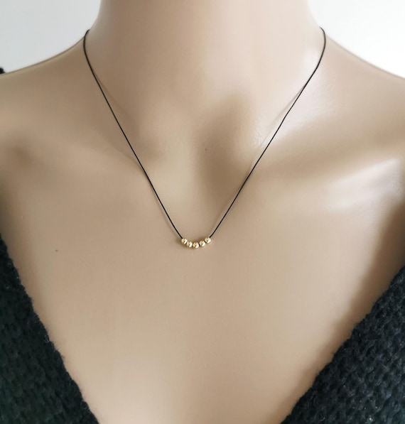 Gold Filled Bead Dainty Cord Necklace, Minimalist Black Cord String Choker Jewelry