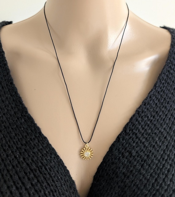 Gold Filled Sun Black Cord Necklace, North Star Brown or Red String Necklace, Moon, Celestial, Heart Boho Summer Festival Jewelry Gift