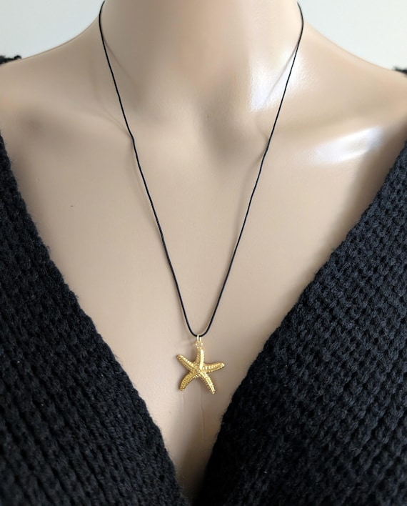 Gold Starfish Black Cord Long Necklace, Red Cord, Brown Cord, Boho Summer Coastal Ocean Surfer Jewelry, Protection Guidance Gift