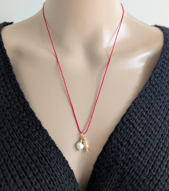 Fish Cord Long Necklace, Freshwater Baroque Pearl String Necklace, Minimalist Summer Ocean Beach Surfer Layering Jewelry