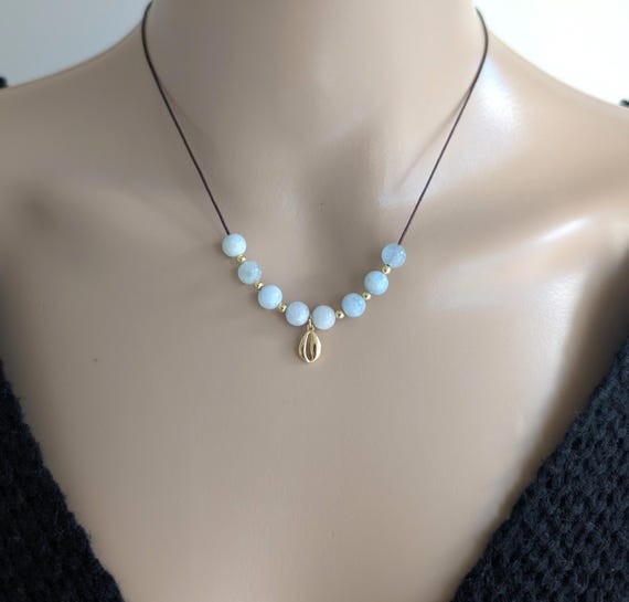 Aquamarine Crystal Cord Necklace with Gold Filled Charm Shell, Cowrie, Fish, Gemstone Cord Ocean Necklace Beach Jewelry