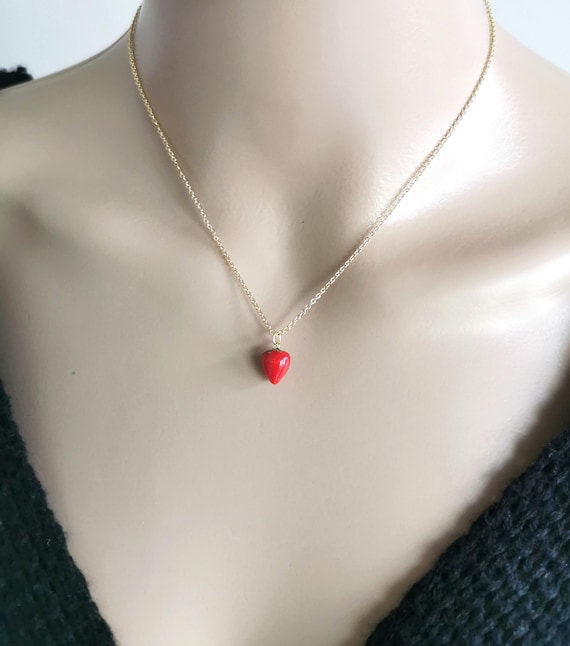 Strawberry Necklace, Gold Filled Strawberry Necklace, Dainty Fruit Necklace, Water resistant