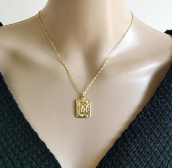 Initial Medallion Necklace, Gold Letter Necklace, Gold Initial Necklace, Initial Square Medallion Necklace, Gift for her, Valentine Necklace