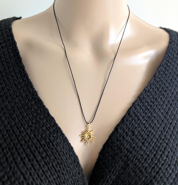 Gold Sun Black Cord Long Necklace, Red Cord, Brown Cord, Minimalist Boho Celestial Summer Chic String Jewelry, Statement Beach Jewelry