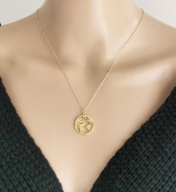Gold World Map Necklace, Gold Map Necklace, World Necklace, Globe Necklace, Gold Earth Necklace, Travel Necklace, Gold Medallion Necklace