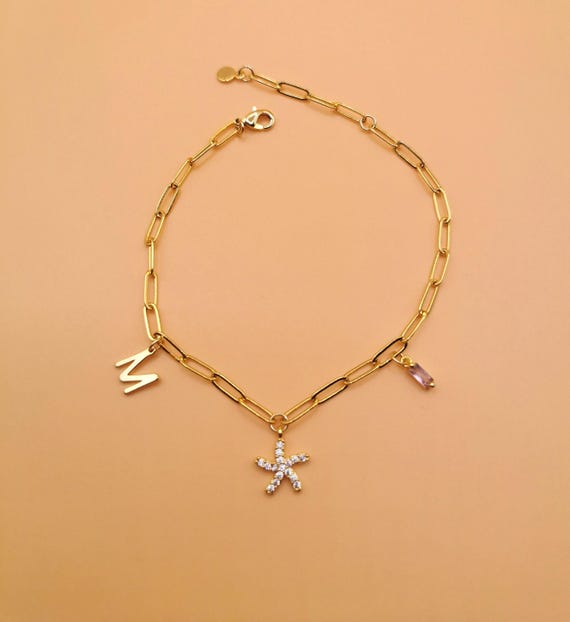 Gold Charm Bracelet, Personalized Custom special charms Bracelet, Initial Zodiac Birthstone Pendant Bracelet, Paperclip Charm Bracelet
