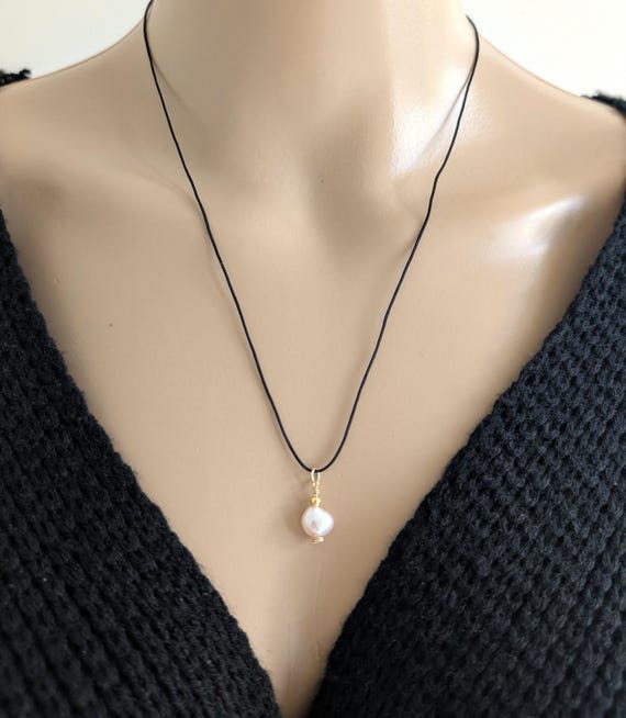 Freshwater Baroque Pearl Black Cord Long Necklace, Brown Cord or Red Cord Necklace, Ocean Beach Surfer Gold Filled Jewelry, Gift for Her