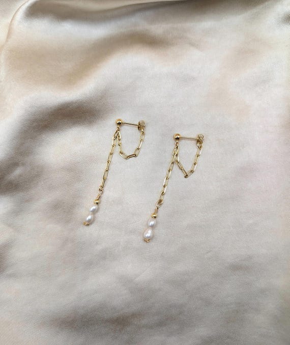Front Back Chain Earrings, Gold Filled Earrings, Freshwater Pearl Drop Earrings, Pearl Earrings, Paperclip Earrings