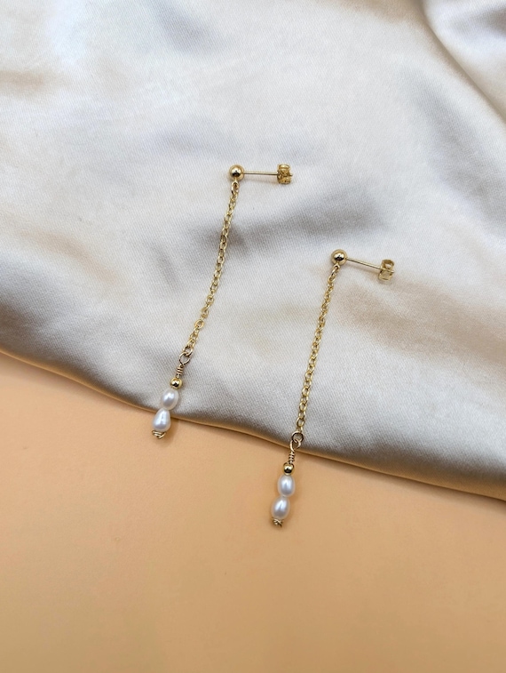 Pearl Gold Filled Chain Earrings, Freshwater Pearl Drop Earrings Dainty Pearl Earrings Wedding Earrings