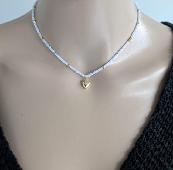 Gold Filled Beaded Charm Necklace, Dainty Ocean Boho Style Choker Jewelry, Heart Shell Cowrie Fish, Adjustable