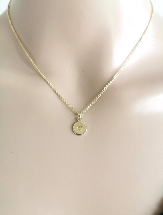 Heart Necklace, Love Necklace, Coin Necklace, Gold Heart Necklace, Hand Stamp Heart Necklace