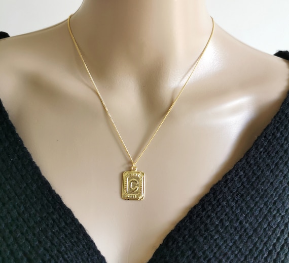 Gold Initial Necklace, Letter Necklace, Square Medallion Necklace, Initial Letter Charm Necklace, Statement Initial Letter Necklace