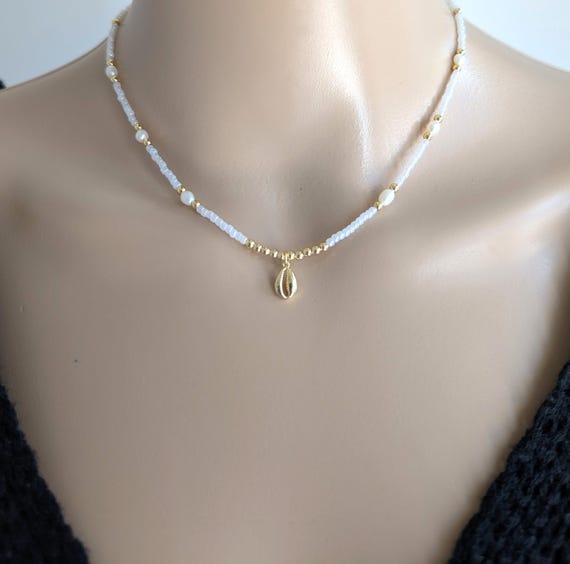 Gold Charm Freshwater Pearl Beaded Necklace, Ocean Coastal Beach Surfer Beaded Choker, Personalized Dainty Boho Jewelry Pendant, Adjustable