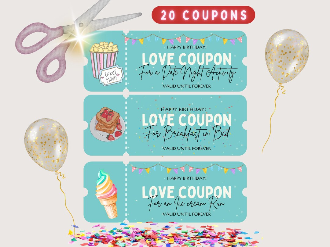 20 Birthday Coupons, Printable Birthday Coupons, Birthday Gift for Her ...
