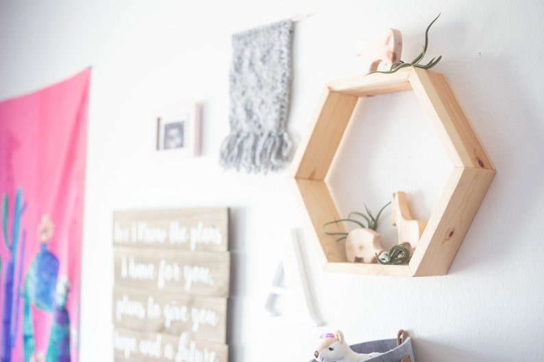 Nursery Decor Floating Shelves Storage Hexagon Farmhouse Wall Art Woodland