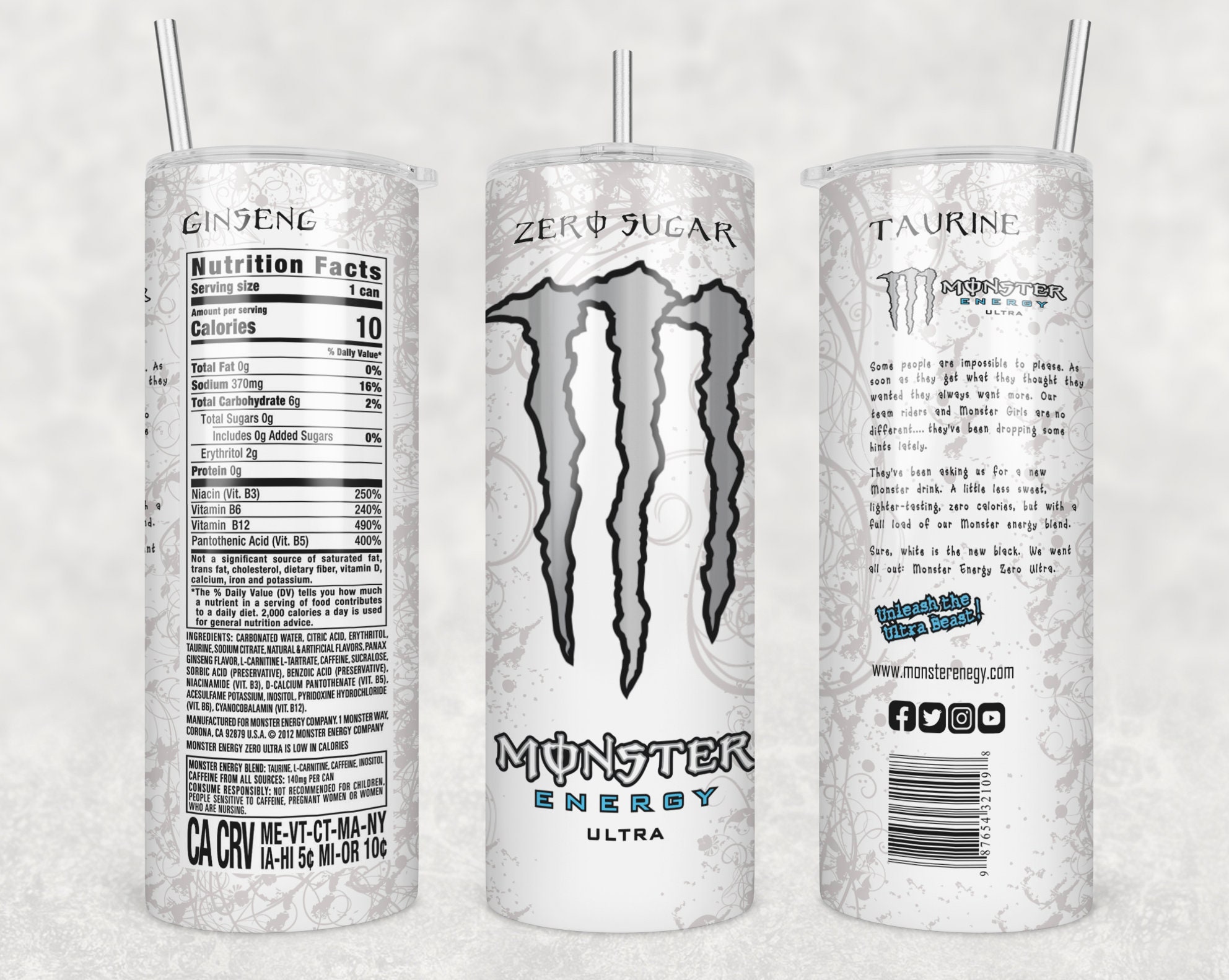20oz Skinny Tumbler Monster Energy Drink White Etsy