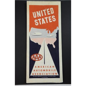 May include: A vintage map of the United States, featuring a stylized outline of the country in white, pink, and blue. The map is from the American Automobile Association (AAA), with their logo prominently displayed. The text "UNITED STATES" is in bold, white letters.