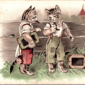 Postal vintage de gato: Gatos antropomórficos fumando vestidos, francés, 1910