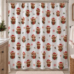 May include: A white shower curtain featuring a repeating pattern of Highland cattle wearing red Santa hats, surrounded by green holly leaves and red berries, interspersed with small red snowflakes on a clean white background.