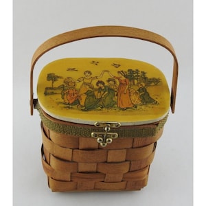 Koszyk Vintage Floral Fabric Inside Decoupage Lid Torebka 6" Kobiety Dziewczyny Taniec
